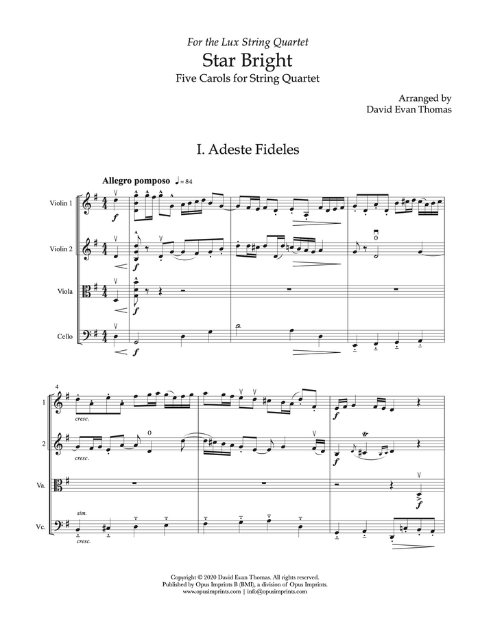 Star Bright: 5 Carols for String Quartet – arr. David Evan Thomas