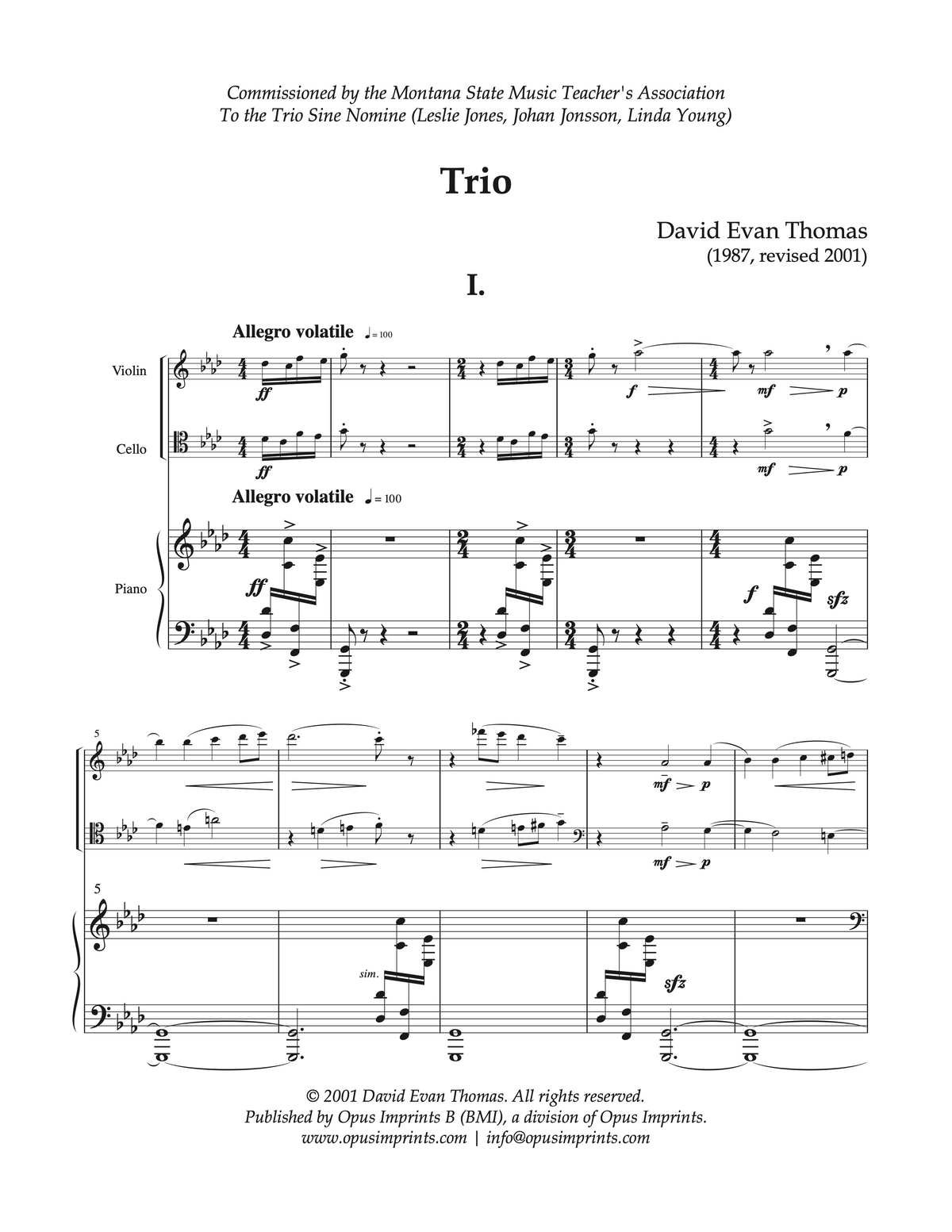 Trio forViolin, Cello and Piano –  David Evan Thomas