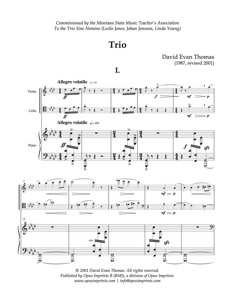 Trio forViolin, Cello and Piano –  David Evan Thomas